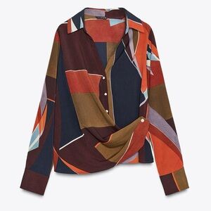 ZARA Satin Color-block Printed Long Sleeve Wrap Shirt. NWT